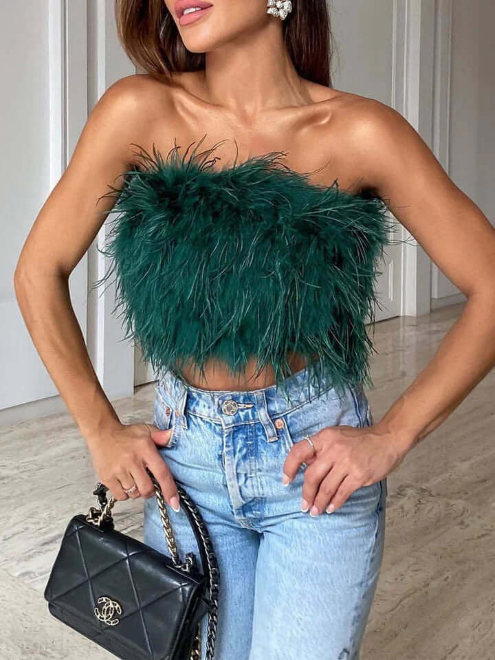 Fjädertopp - Bandeau - Party - Axelbandslös topp - Crop Top-Eva Jonsson
