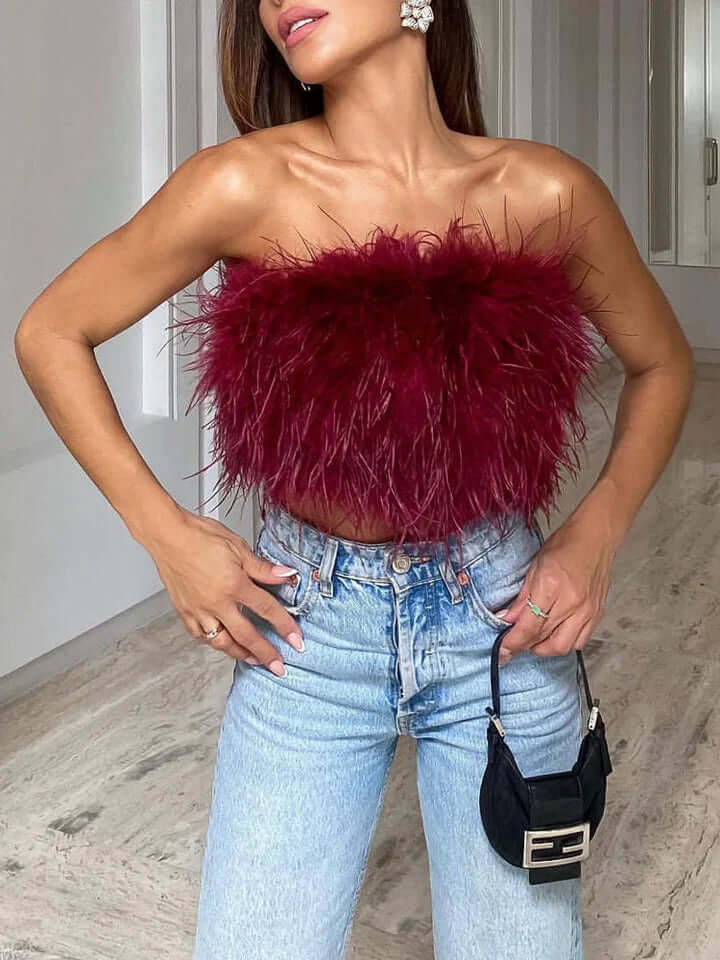 Fjädertopp - Bandeau - Party - Axelbandslös topp - Crop Top-Eva Jonsson