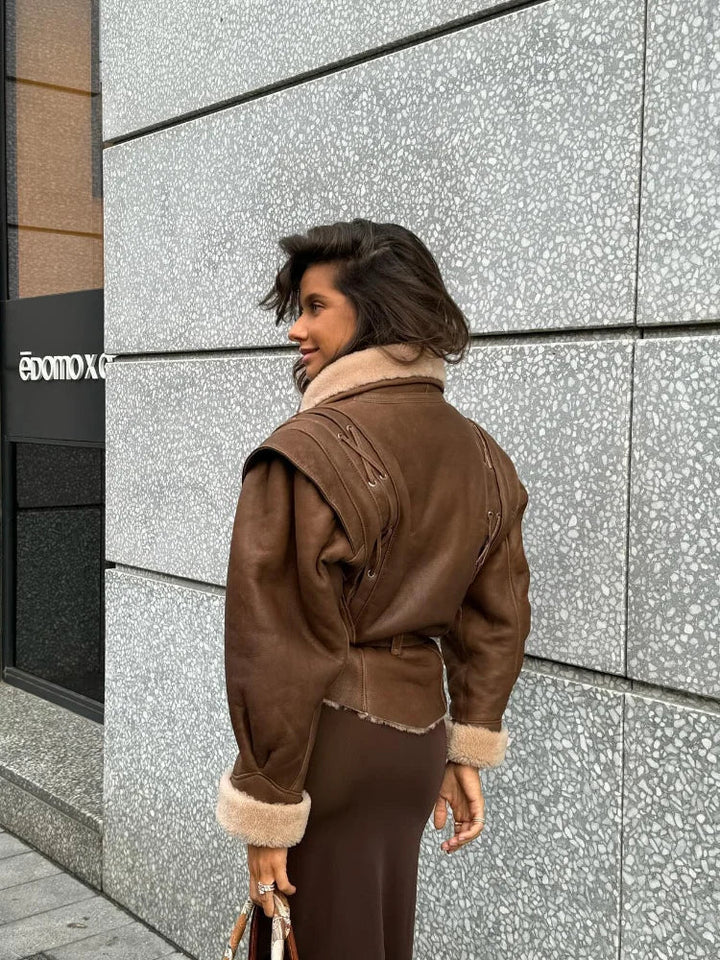 Fleece Fodrad Skinnjacka | Brun | Bälte | Skinnjacka med fuskpäls | Skinnjacka för kvinnor-Eva Jonsson