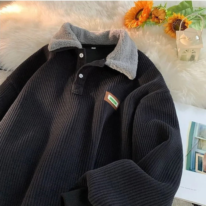 Fleecetröja Pullover - Varm - Knäppning - Corduroy Pullover - Vinterkläder för män-Eva Jonsson