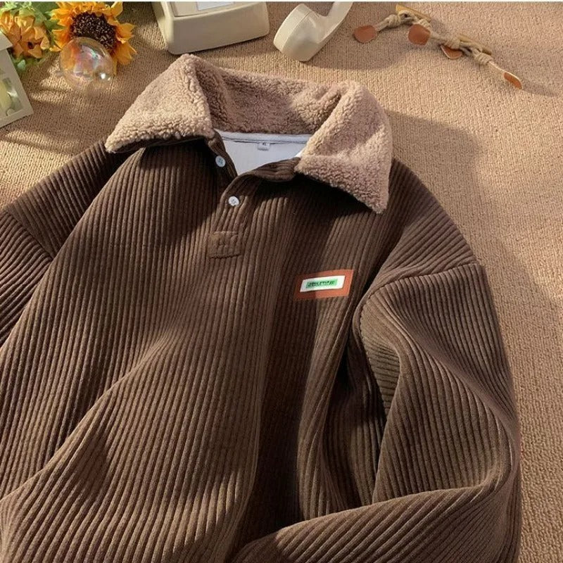 Fleecetröja Pullover - Varm - Knäppning - Corduroy Pullover - Vinterkläder för män-Eva Jonsson