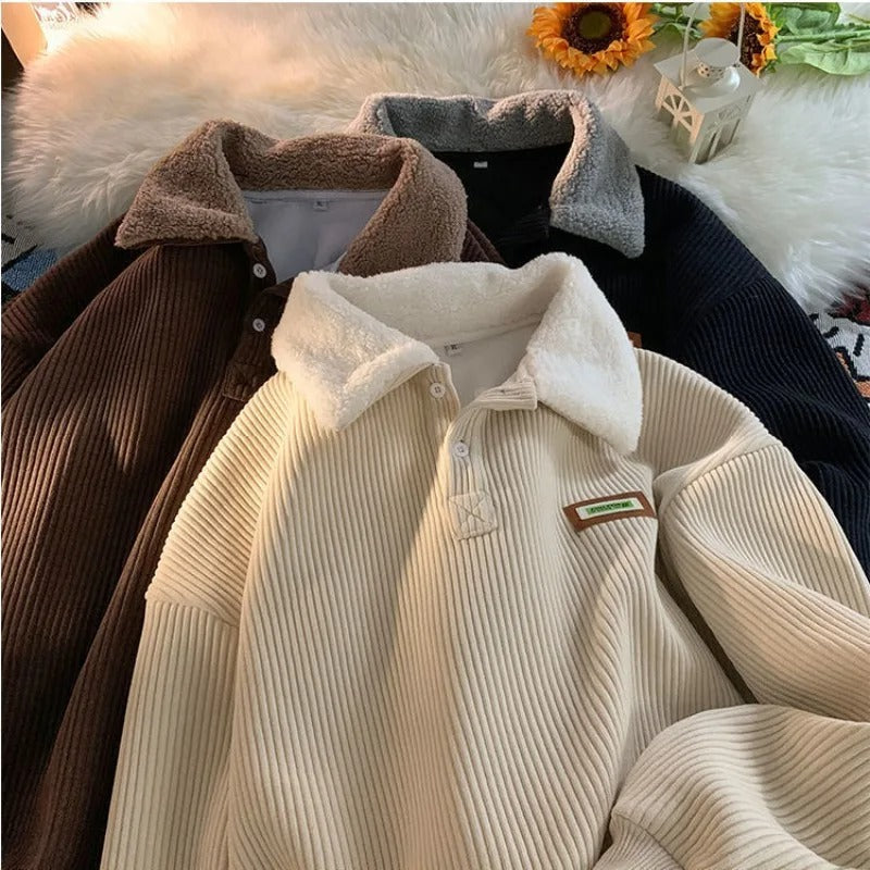 Fleecetröja Pullover - Varm - Knäppning - Corduroy Pullover - Vinterkläder för män-Eva Jonsson