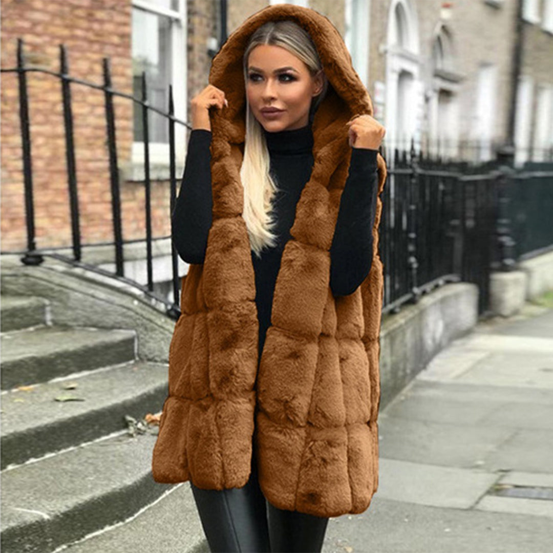 Gilet i Fuskpäls - Huvtröja med ärmlös huva för kvinnor Vinterväst Bodywarmer-Eva Jonsson