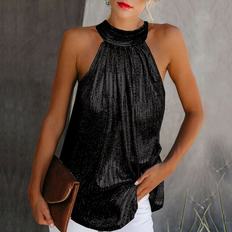 Glitter Top - Ärmlös halterneck-top med paljetter för fest för kvinnor-Eva Jonsson