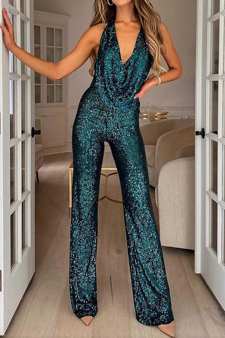 Glitteroverall - V-ringad - Ärmlös - Overall med paljetter - Festoveraller för kvinnor-Eva Jonsson