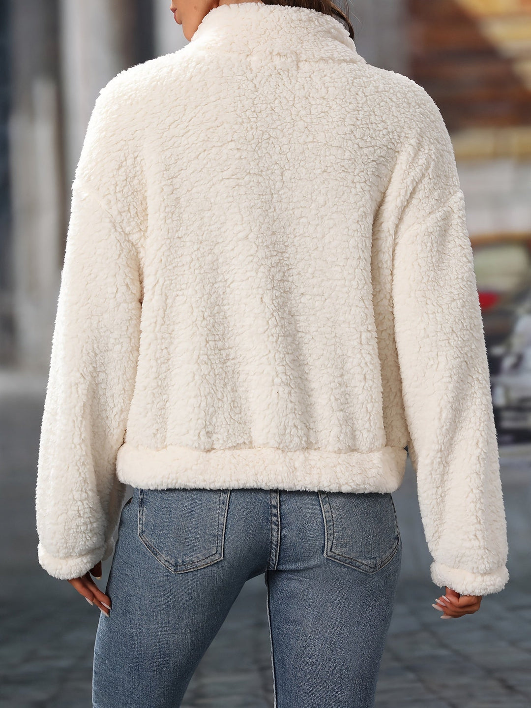 Half Zip Fleece - Varm vit Teddy Fleece Pullover för kvinnor-Eva Jonsson