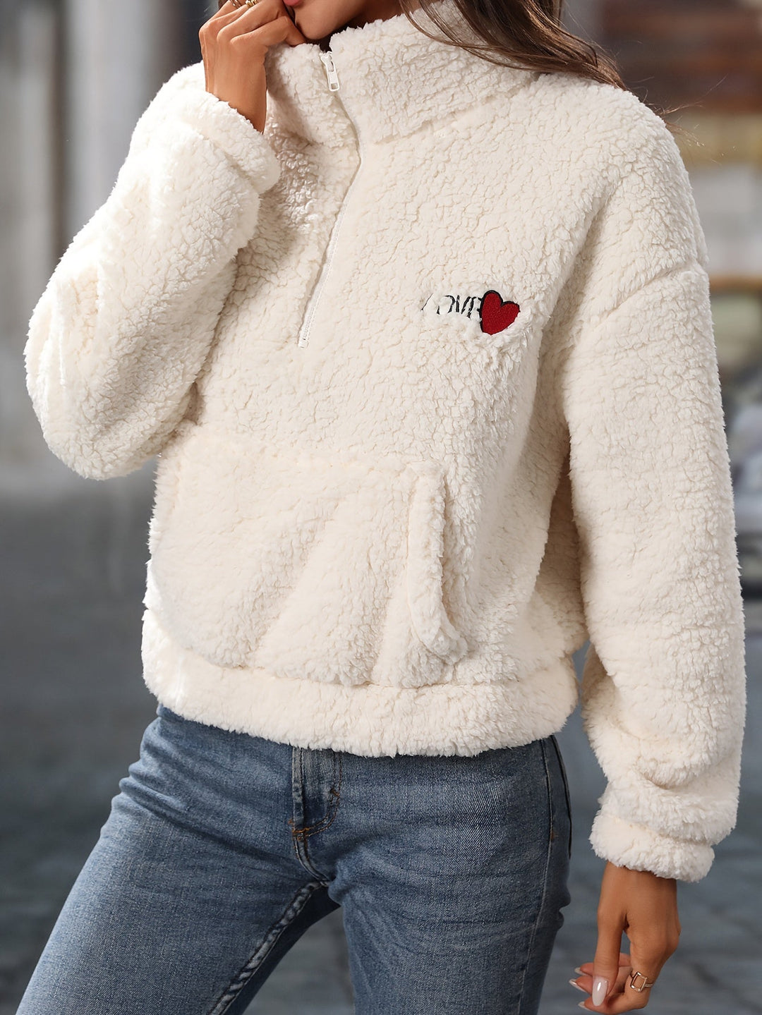 Half Zip Fleece - Varm vit Teddy Fleece Pullover för kvinnor-Eva Jonsson