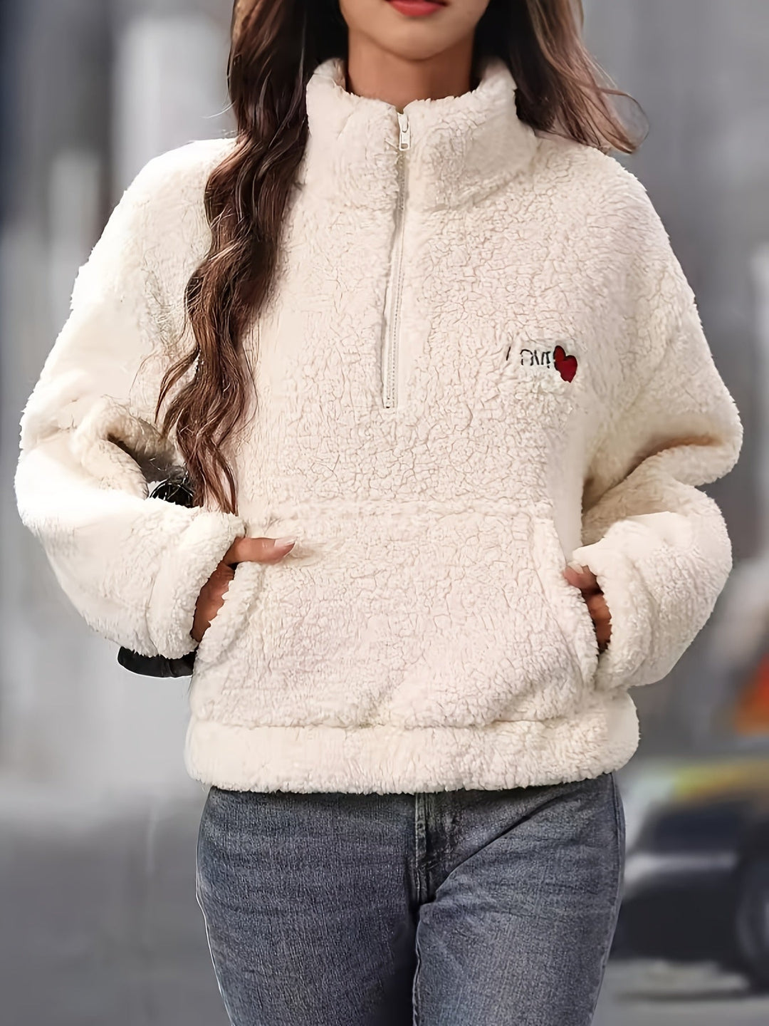 Half Zip Fleece - Varm vit Teddy Fleece Pullover för kvinnor-Eva Jonsson