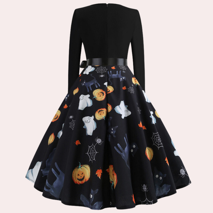 Halloween-klänning | Pumpamönster | Långärmad | Fit and Flare-klänning | Damklänning-Eva Jonsson