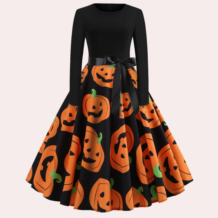 Halloween-klänning | Pumpamönster | Långärmad | Fit and Flare-klänning | Damklänning-Eva Jonsson