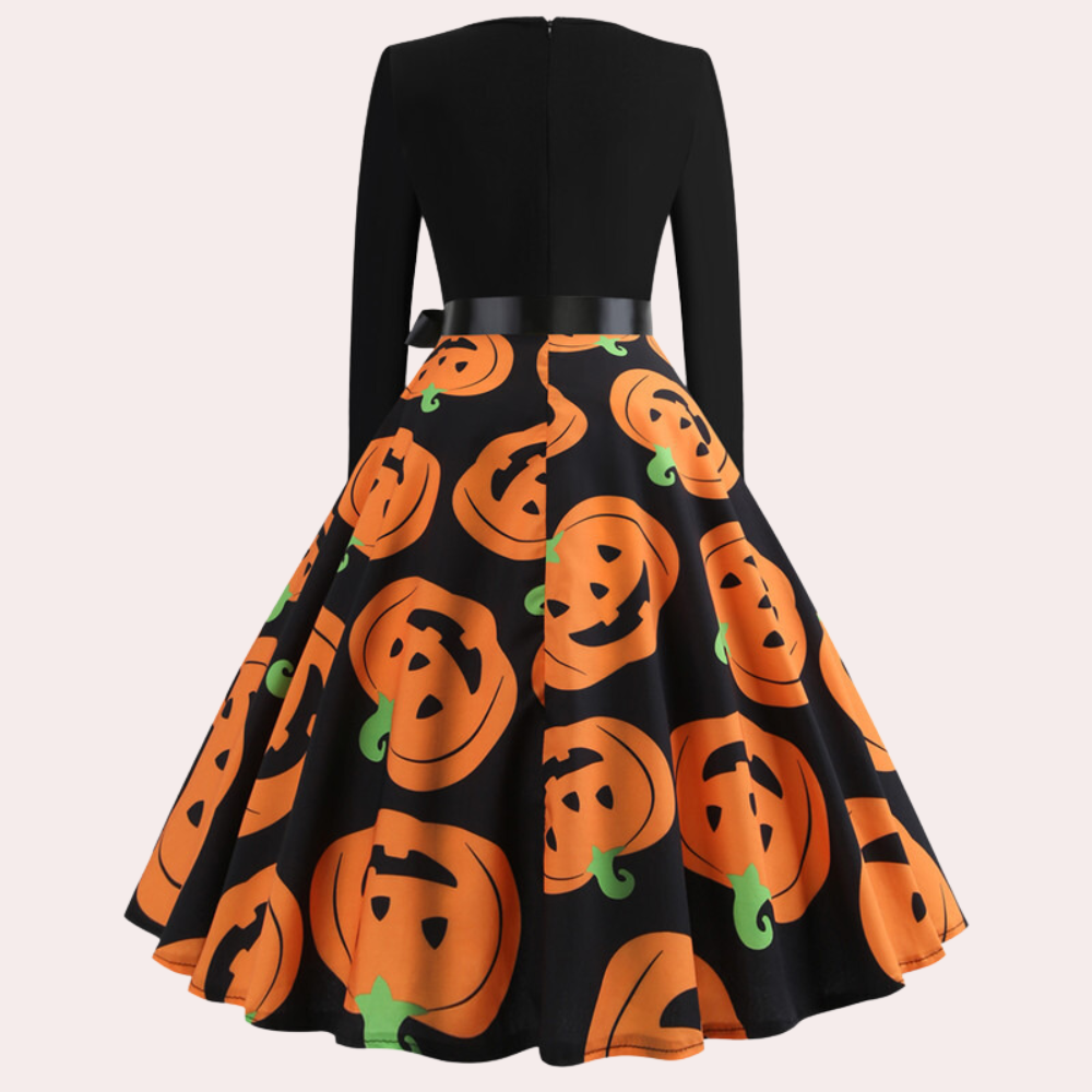 Halloween-klänning | Pumpamönster | Långärmad | Fit and Flare-klänning | Damklänning-Eva Jonsson
