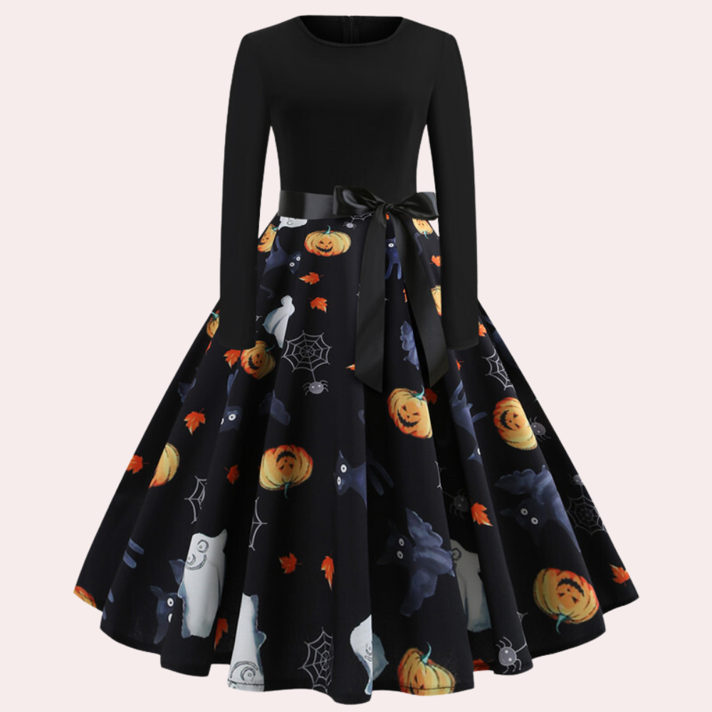 Halloween-klänning | Pumpamönster | Långärmad | Fit and Flare-klänning | Damklänning-Eva Jonsson