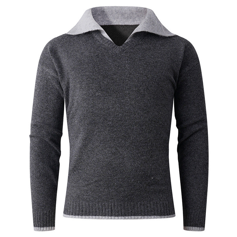 Herr elegant V-pullover med glidande skjortkrage och högkvalitativ textur Mirla-Eva Jonsson