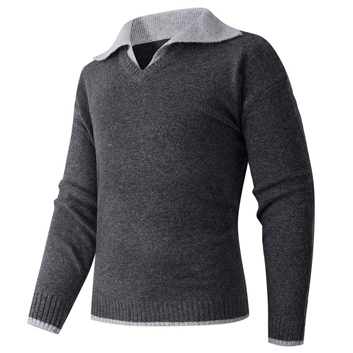 Herr elegant V-pullover med glidande skjortkrage och högkvalitativ textur Mirla-Eva Jonsson