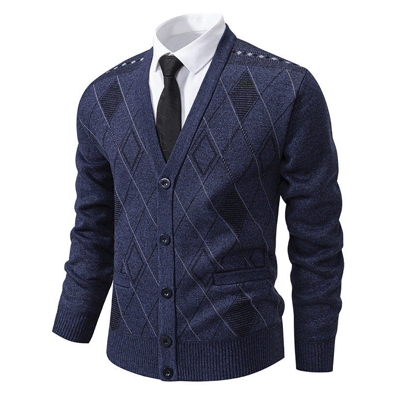 Herr elegant stickad jacka med rombmönster och praktiska fickor Mirla-Eva Jonsson