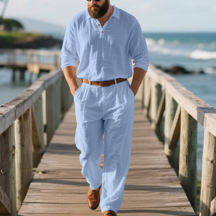 Herr elegante fritids-jumpsuit med praktiska fickor och stiligt Henley-utsnitt Eva Jonsson-Eva Jonsson