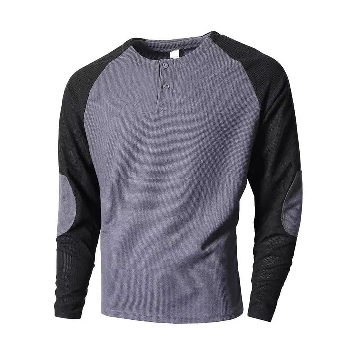 Herr långärmad tröja med fashionabel Henley-utsnitt och strukturerade ärmar Mirla-Eva Jonsson