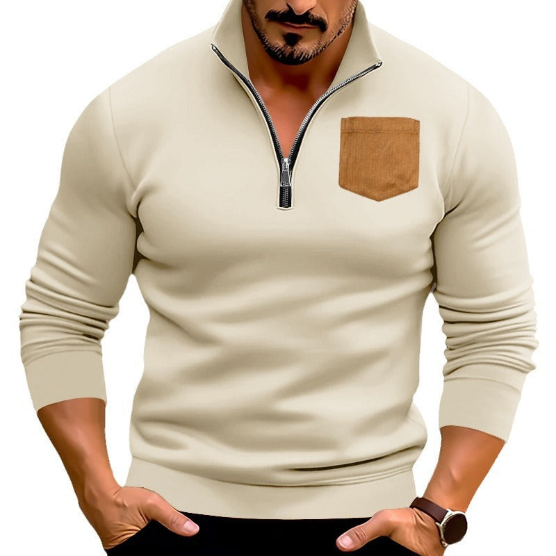 Herr sportig tröja med halv dragkedja och kontrasterande bröstficka Eva Jonsson-Eva Jonsson