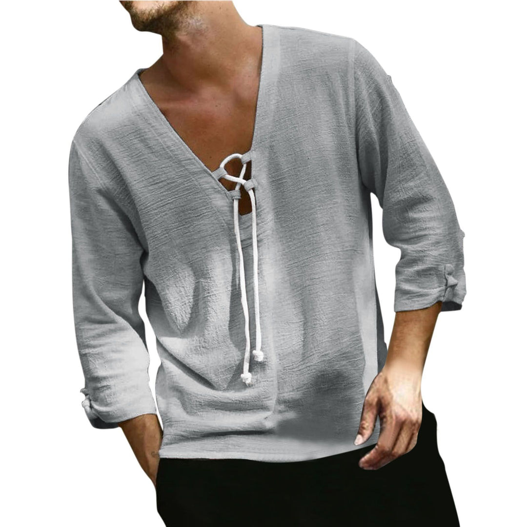 Herrar Avslappnad Långärmad Skjorta med V-Hals och Snörning Mirla-Eva Jonsson
