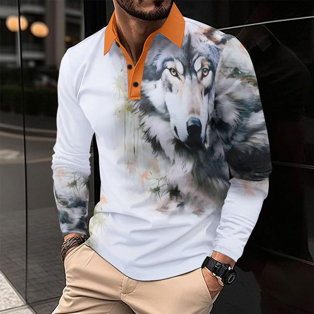 Herrar Långärmad Poloshirt med Vargmotiv Mirla-Eva Jonsson