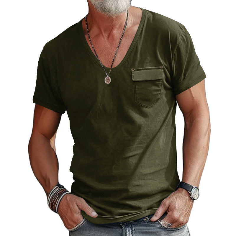 Herrar V-hals T-shirt med dekorativ bröstficka och attraktiv struktur Eva Jonsson-Eva Jonsson