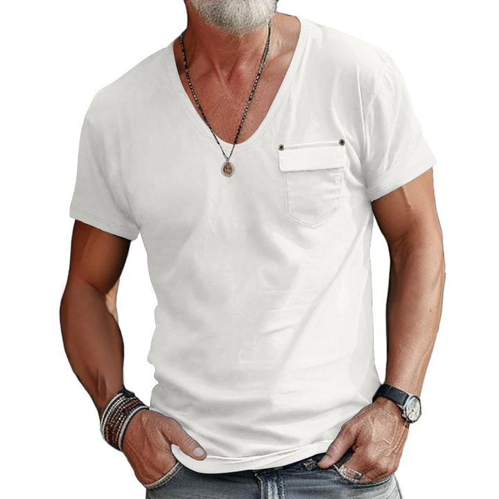 Herrar V-hals T-shirt med dekorativ bröstficka och attraktiv struktur Eva Jonsson-Eva Jonsson