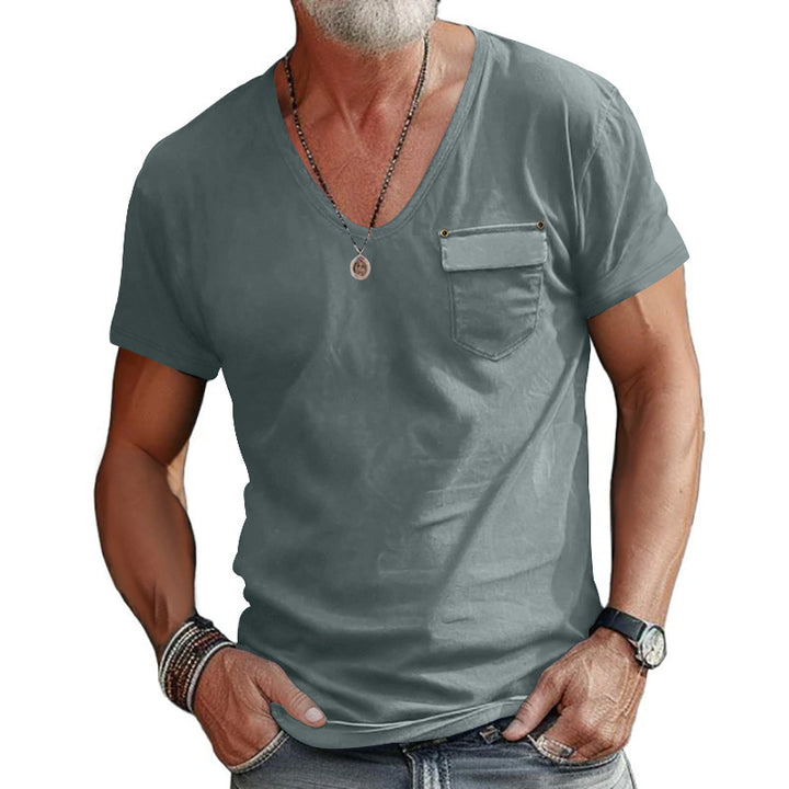 Herrar V-hals T-shirt med dekorativ bröstficka och attraktiv struktur Eva Jonsson-Eva Jonsson