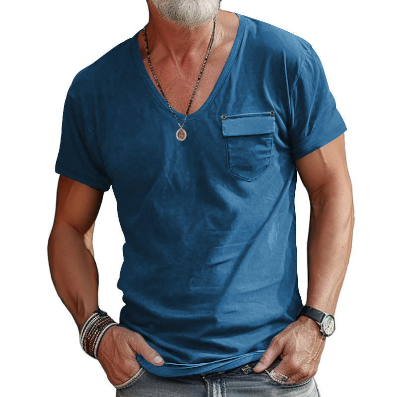 Herrar V-hals T-shirt med dekorativ bröstficka och attraktiv struktur Eva Jonsson-Eva Jonsson