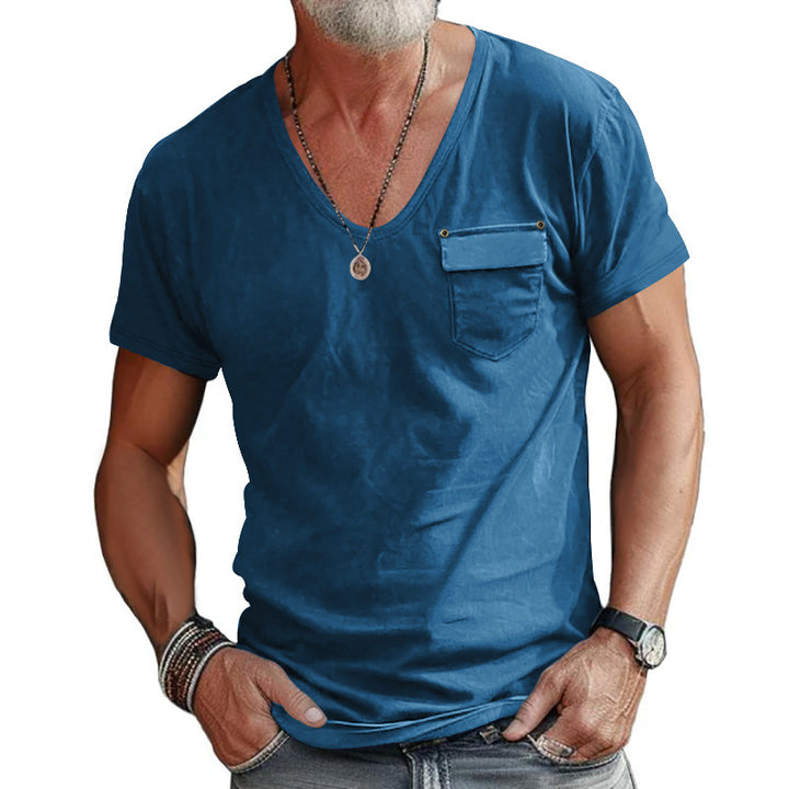 Herrar V-hals T-shirt med dekorativ bröstficka och attraktiv struktur Eva Jonsson-Eva Jonsson
