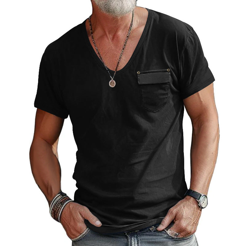 Herrar V-hals T-shirt med dekorativ bröstficka och attraktiv struktur Eva Jonsson-Eva Jonsson