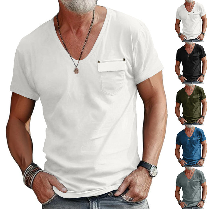 Herrar V-hals T-shirt med dekorativ bröstficka och attraktiv struktur Eva Jonsson-Eva Jonsson