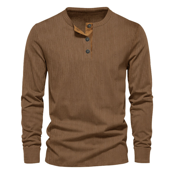 Herrar avslappnad långärmad Henley-t-shirt med strukturerad ribbdesign och moderiktiga knappdetaljer Eva Jonsson-Eva Jonsson
