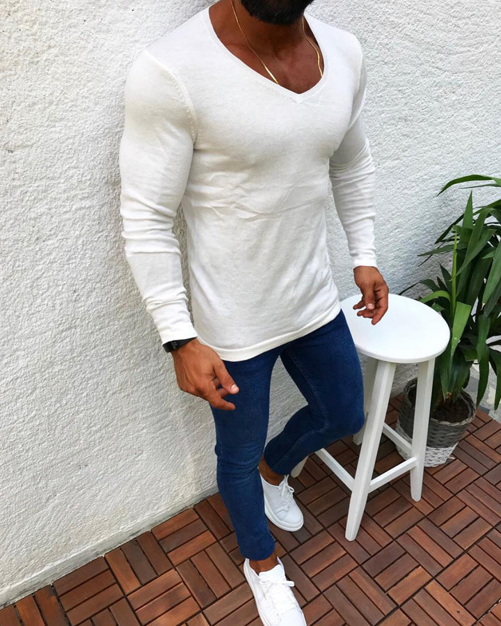 Herrar elegant långärmad skjorta med V-hals och figurnära snitt Mirla-Eva Jonsson
