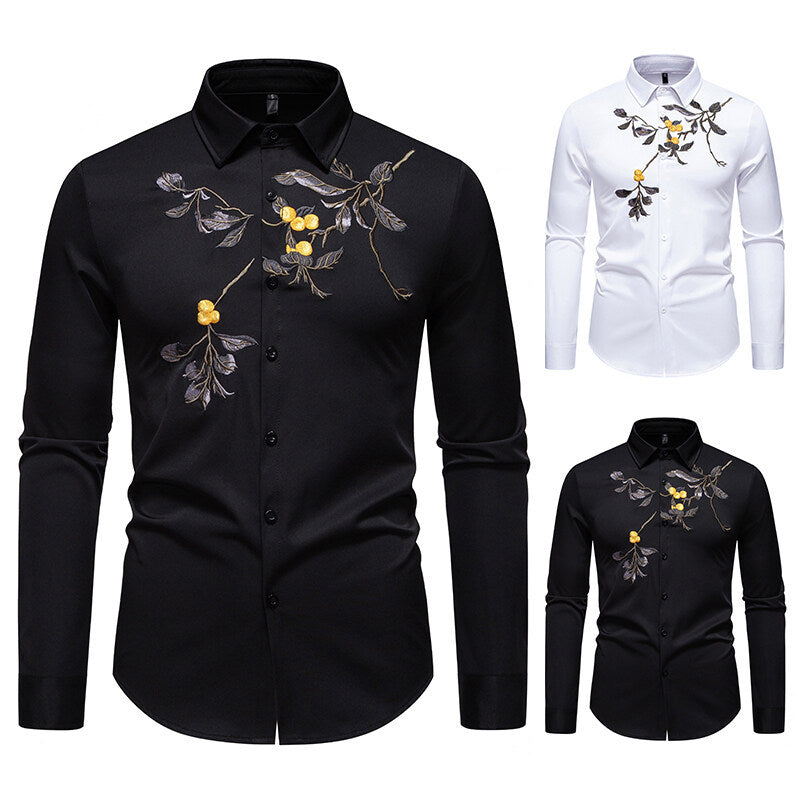 Herrar elegant långärmad skjorta med blommig broderi Mirla-Eva Jonsson