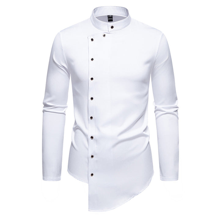 Herrar elegant långärmad skjorta med modern ståkrage och asymmetrisk skärning Mirla-Eva Jonsson