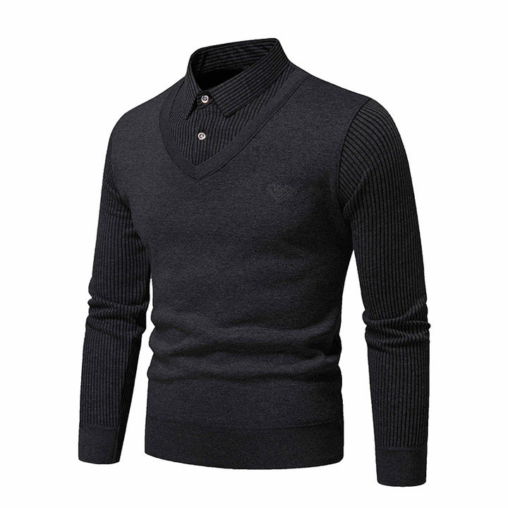 Herrar elegant stickad tröja med V-hals och strukturerade ärmar Mirla-Eva Jonsson