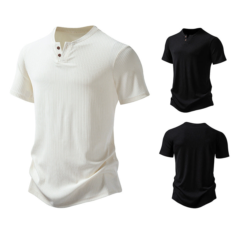 Herrar högkvalitativ kortärmad Henley-t-shirt i strukturerat material Eva Jonsson-Eva Jonsson