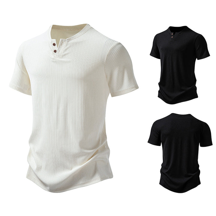 Herrar högkvalitativ kortärmad Henley-t-shirt i strukturerat material Eva Jonsson-Eva Jonsson
