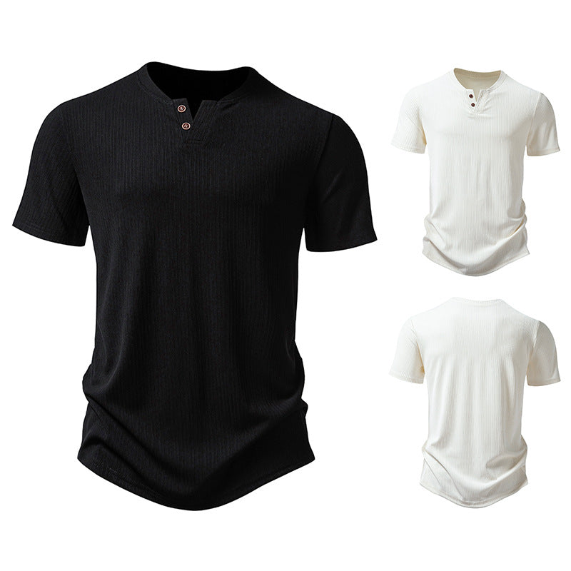 Herrar högkvalitativ kortärmad Henley-t-shirt i strukturerat material Eva Jonsson-Eva Jonsson