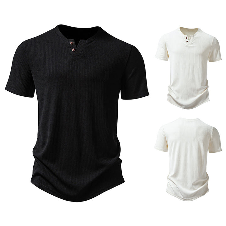 Herrar högkvalitativ kortärmad Henley-t-shirt i strukturerat material Eva Jonsson-Eva Jonsson