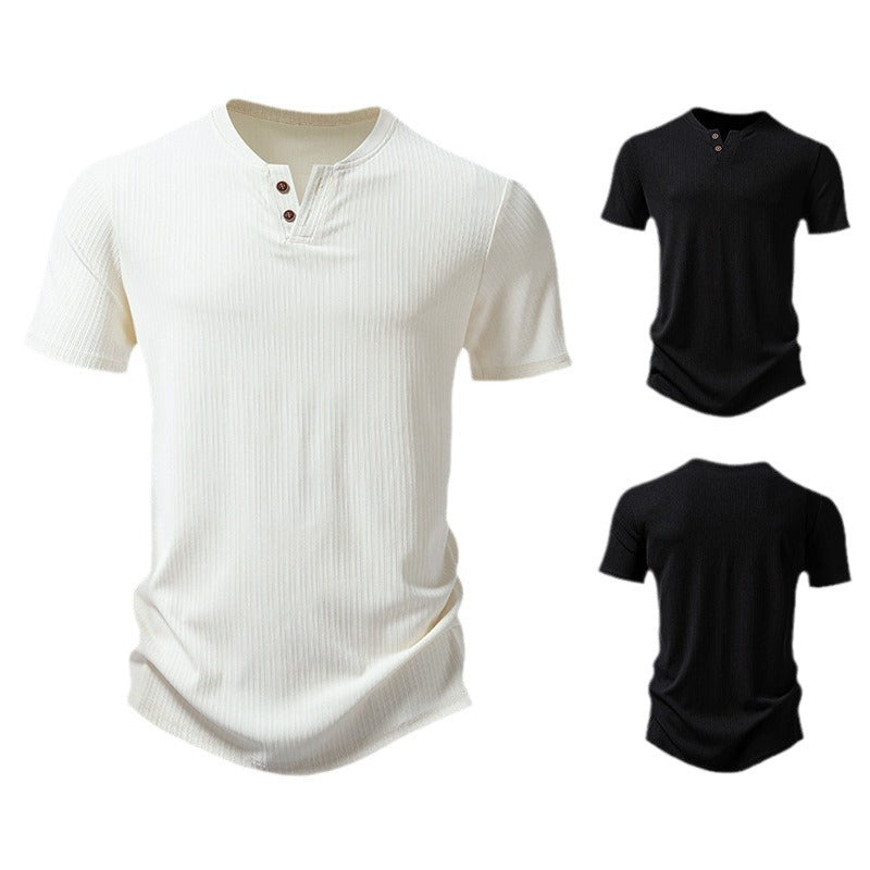 Herrar högkvalitativ kortärmad Henley-t-shirt i strukturerat material Eva Jonsson-Eva Jonsson
