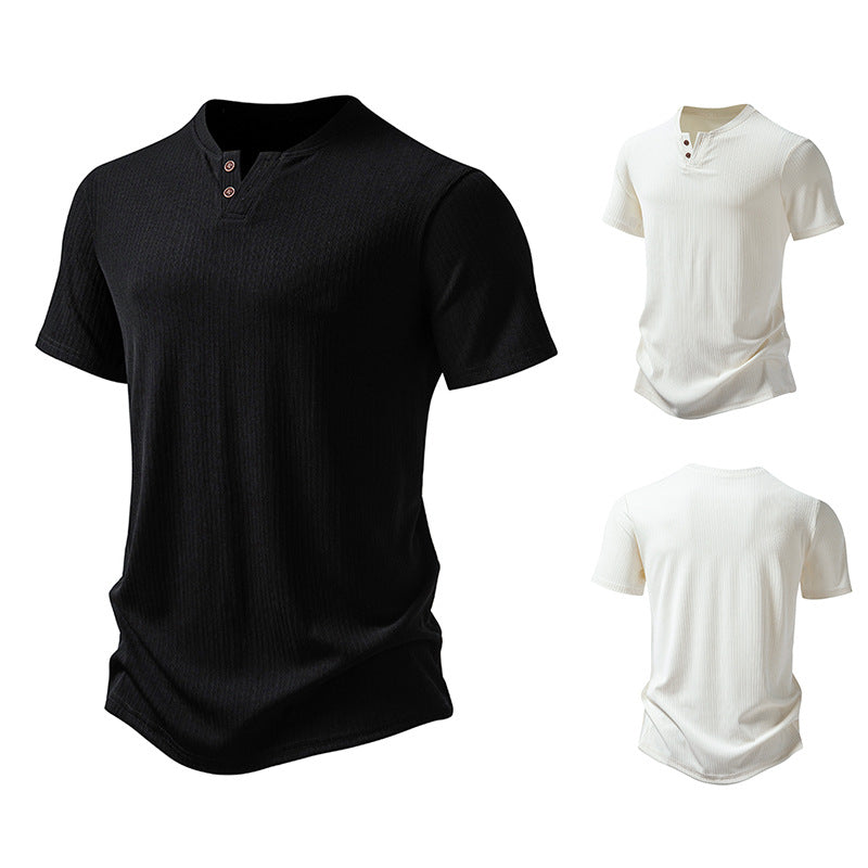 Herrar högkvalitativ kortärmad Henley-t-shirt i strukturerat material Eva Jonsson-Eva Jonsson
