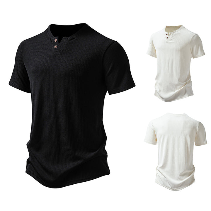 Herrar högkvalitativ kortärmad Henley-t-shirt i strukturerat material Eva Jonsson-Eva Jonsson