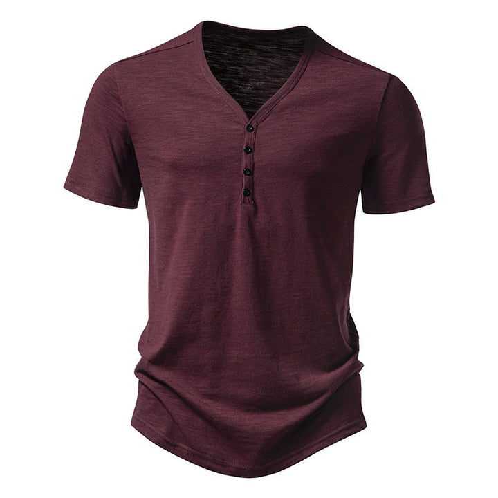 Herrar kortärmad Henley-t-shirt med v-ringning och knapplist Eva Jonsson-Eva Jonsson