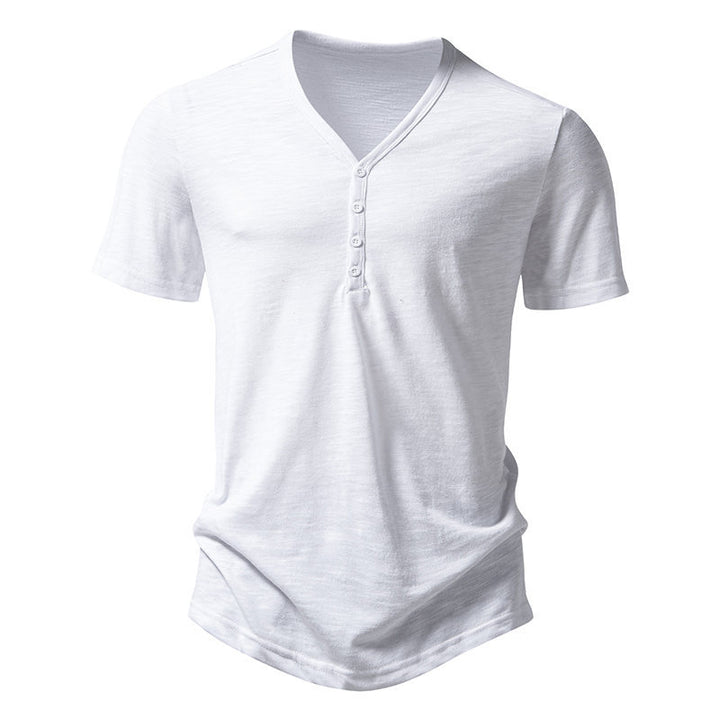 Herrar kortärmad Henley-t-shirt med v-ringning och knapplist Eva Jonsson-Eva Jonsson