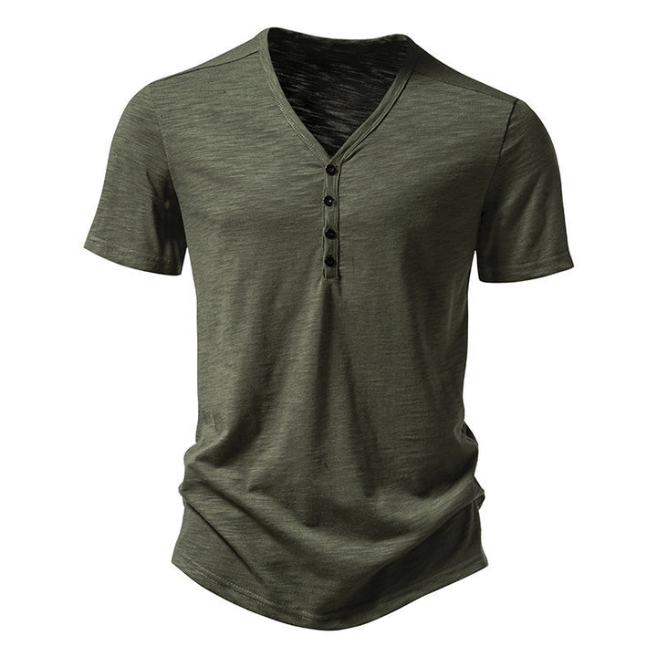 Herrar kortärmad Henley-t-shirt med v-ringning och knapplist Eva Jonsson-Eva Jonsson