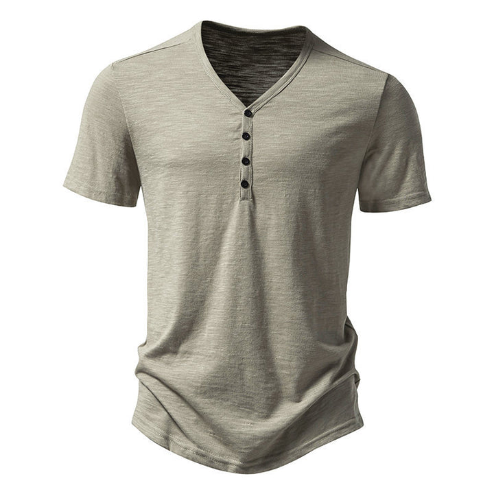 Herrar kortärmad Henley-t-shirt med v-ringning och knapplist Eva Jonsson-Eva Jonsson