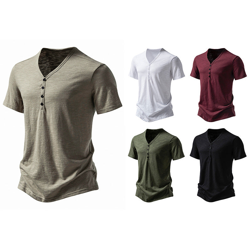 Herrar kortärmad Henley-t-shirt med v-ringning och knapplist Eva Jonsson-Eva Jonsson