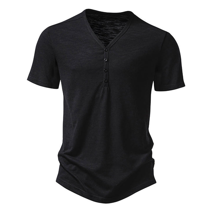 Herrar kortärmad Henley-t-shirt med v-ringning och knapplist Mirla-Eva Jonsson