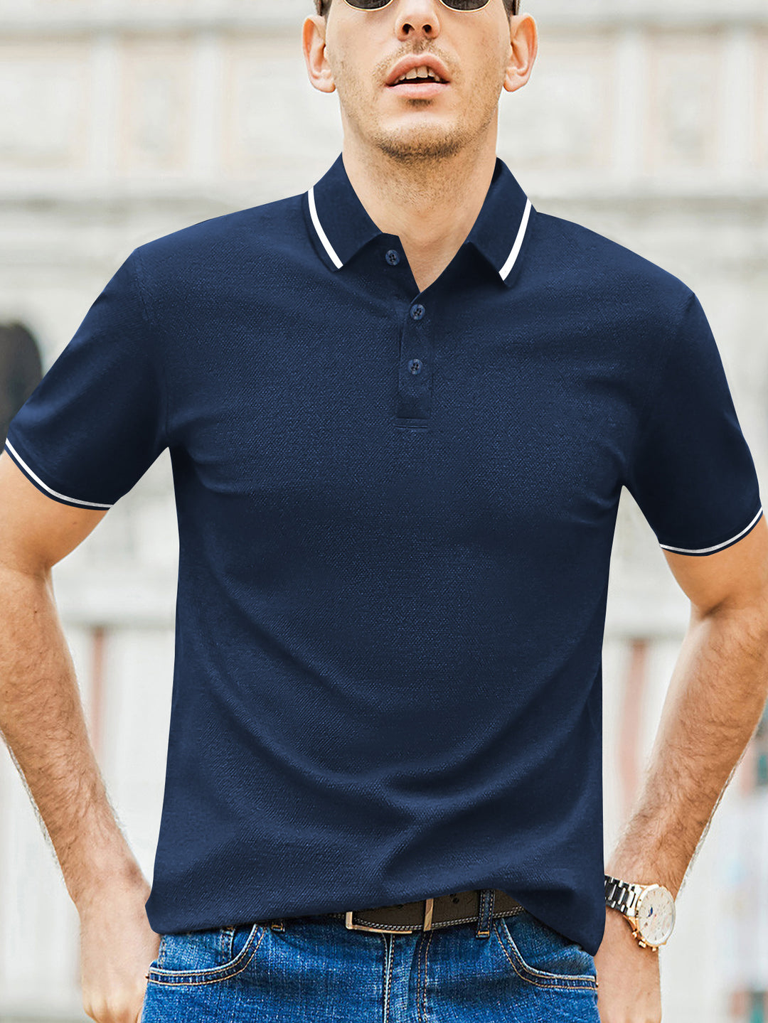 Herrar kortärmad polo med modern bicolor-krage och andningsbart bomullskvalitet Mirla-Eva Jonsson